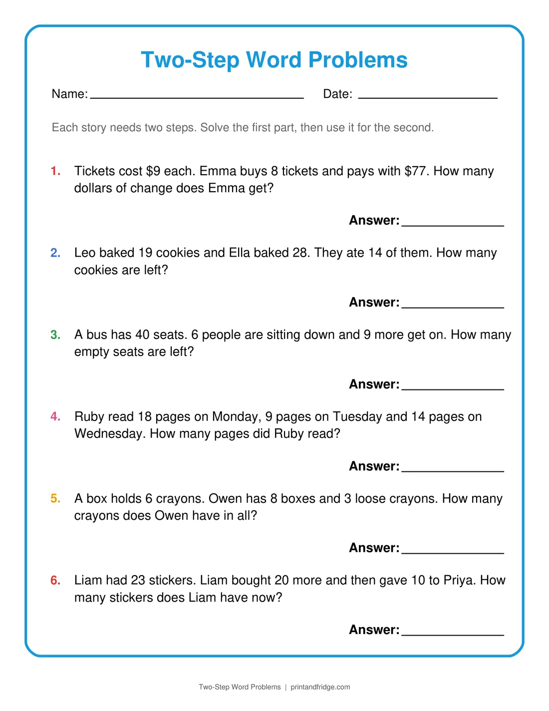 Two-Step Word Problems printable worksheet