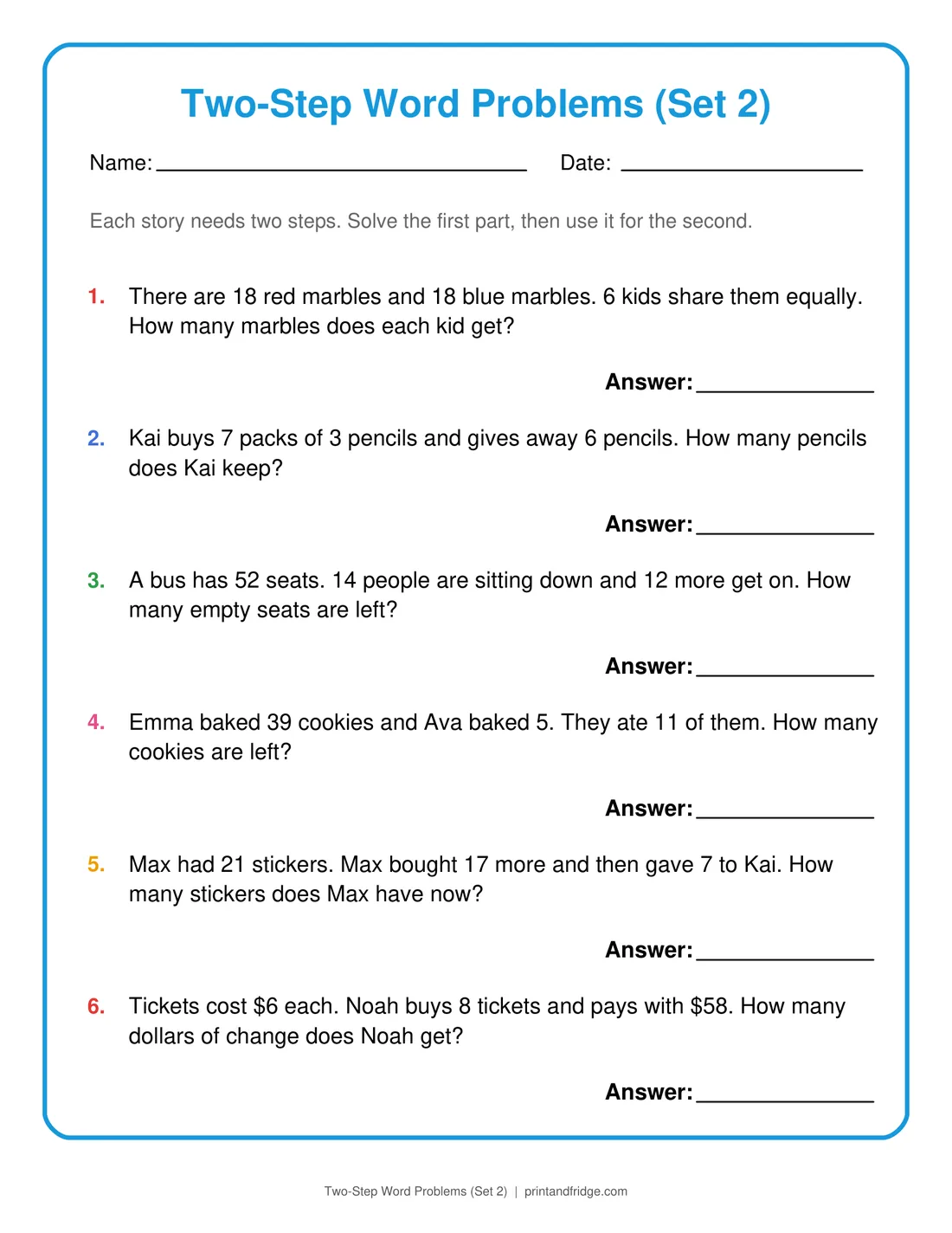 Two-Step Word Problems (Set 2) printable worksheet