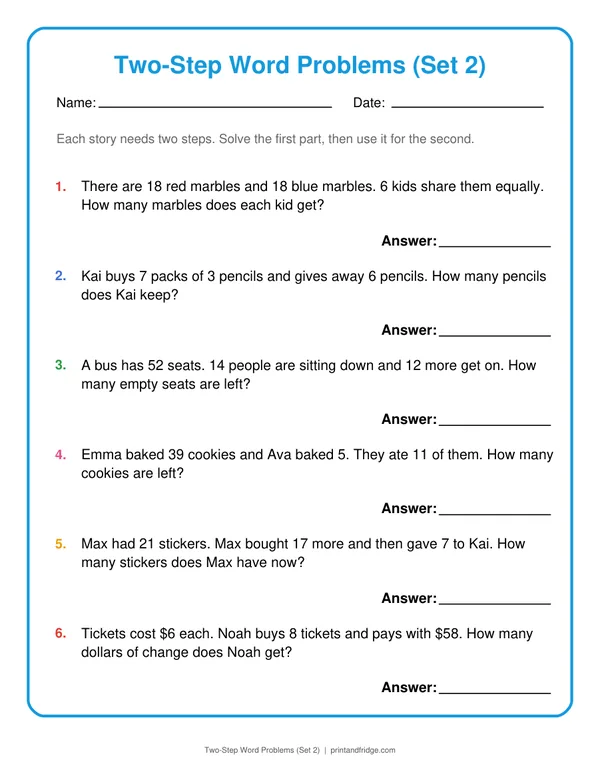 Two-Step Word Problems (Set 2) printable worksheet