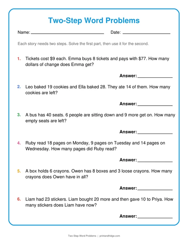 Two-Step Word Problems printable worksheet