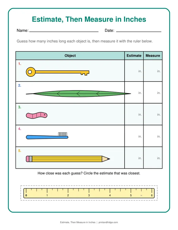 Estimate, Then Measure in Inches printable worksheet