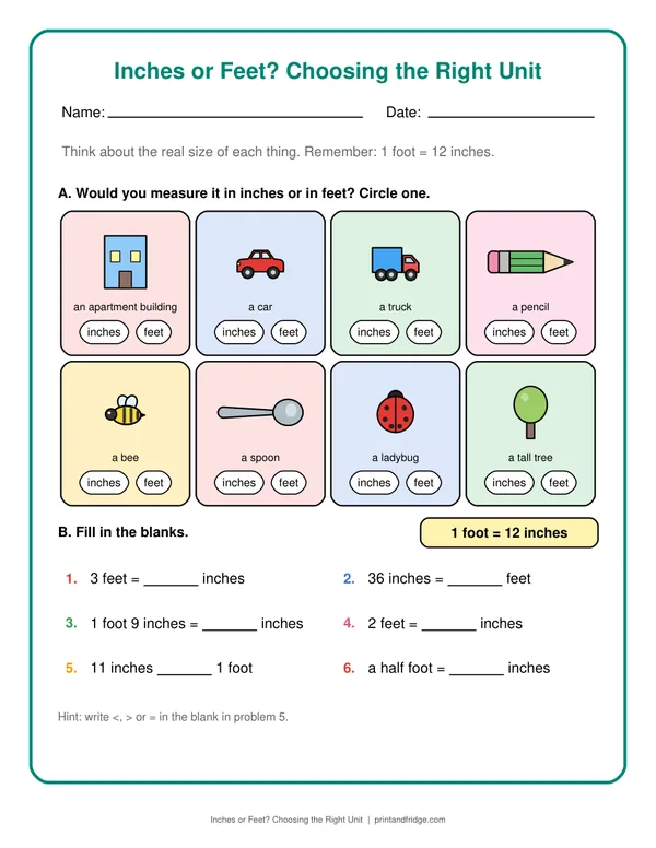 Inches or Feet? Choosing the Right Unit printable worksheet