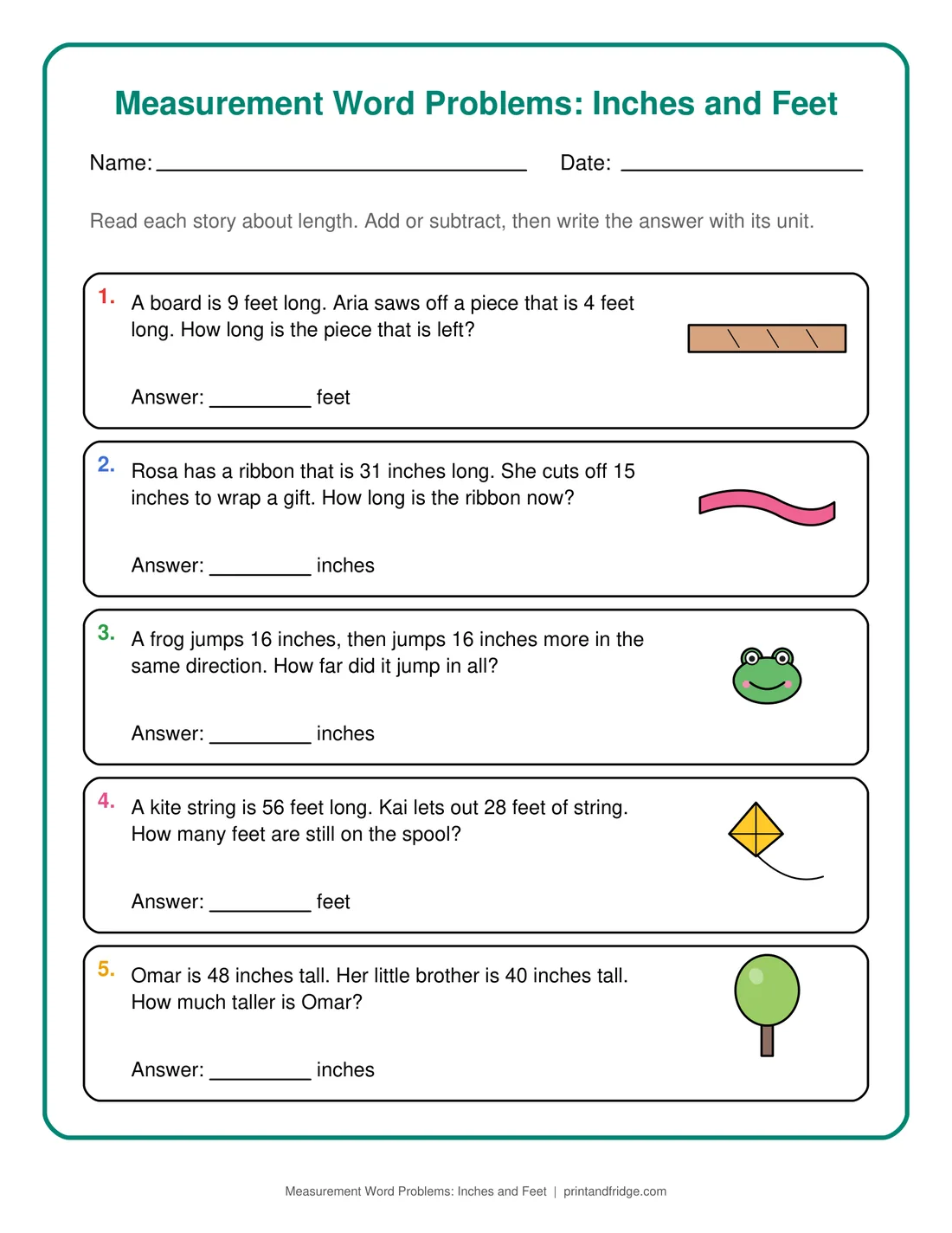 Measurement Word Problems: Inches and Feet printable worksheet