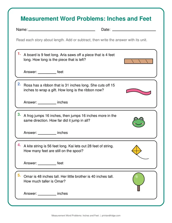 Measurement Word Problems: Inches and Feet printable worksheet