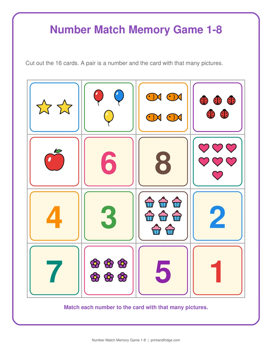 Number Match Memory Game 1-8 printable activity
