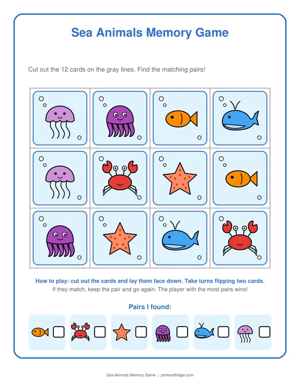 Sea Animals Memory Game printable activity