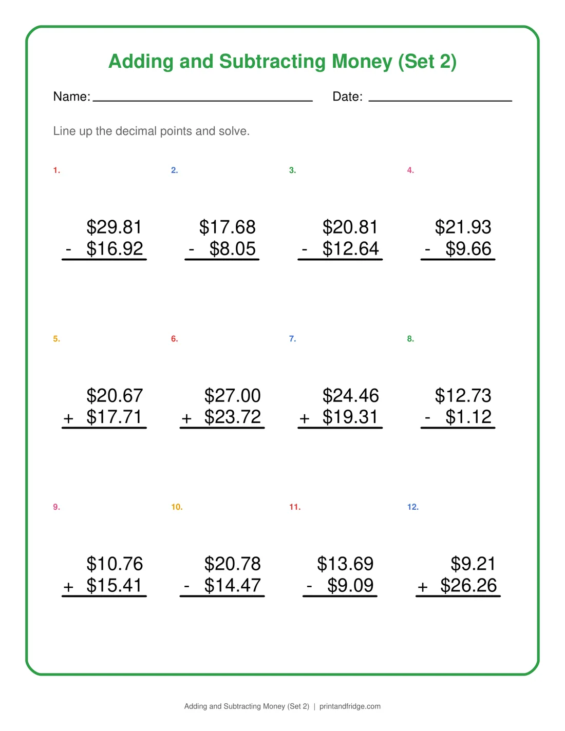 Adding and Subtracting Money (Set 2) printable worksheet