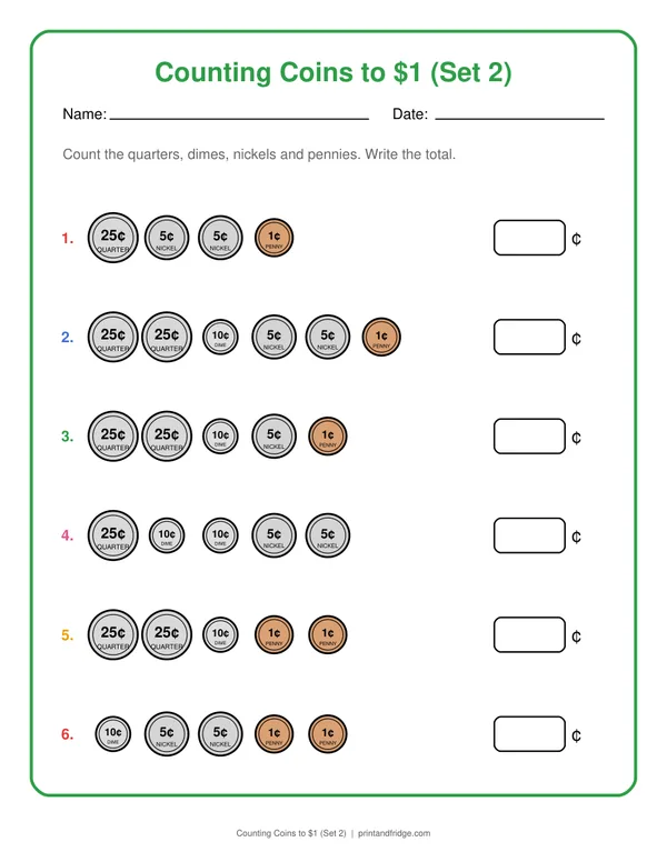Counting Coins to $1 (Set 2) printable worksheet