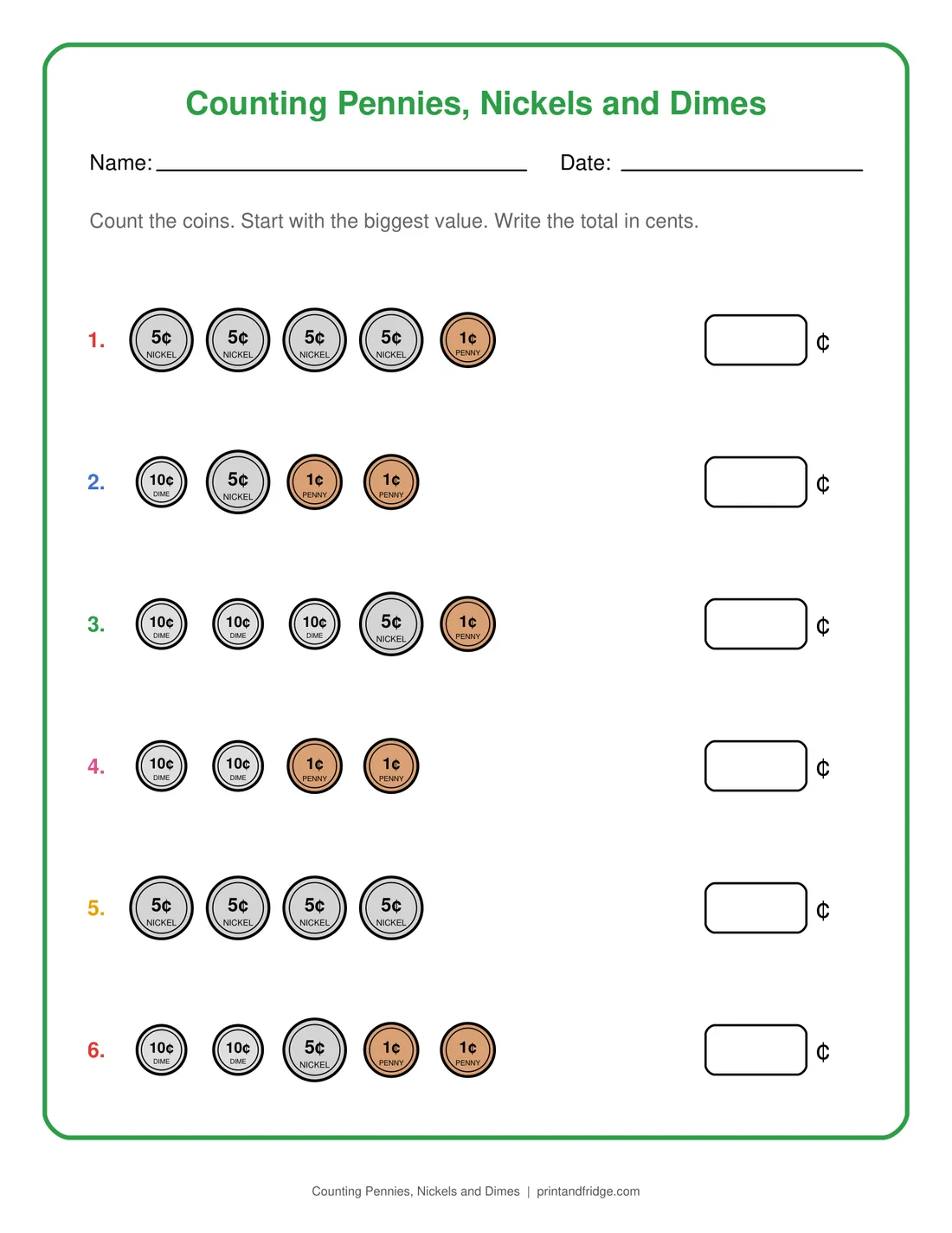 Counting Pennies, Nickels and Dimes printable worksheet