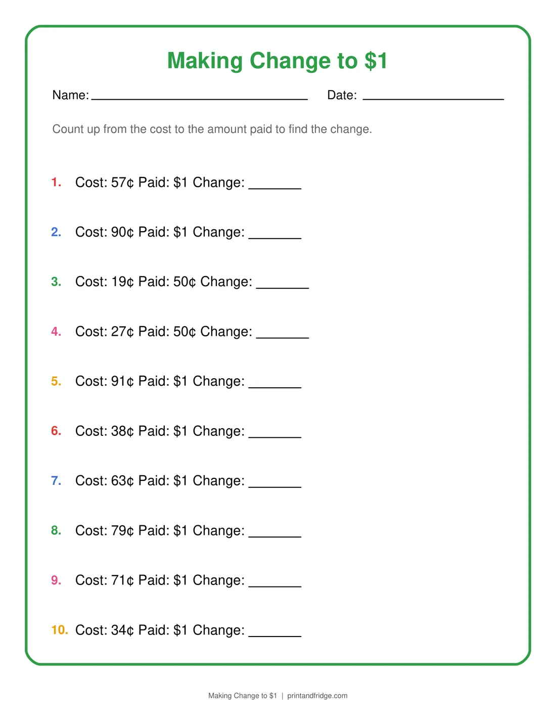 Making Change to $1 printable worksheet