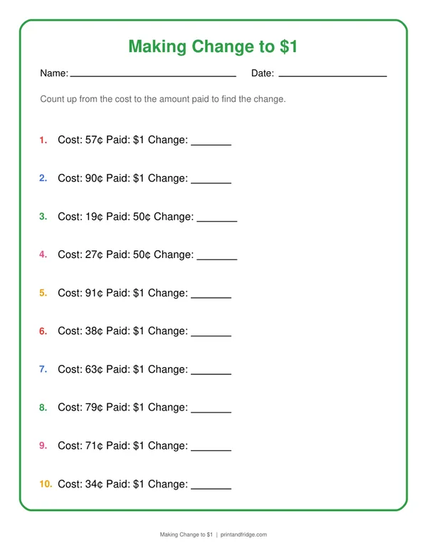 Making Change to $1 printable worksheet