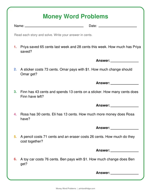 Money Word Problems printable worksheet