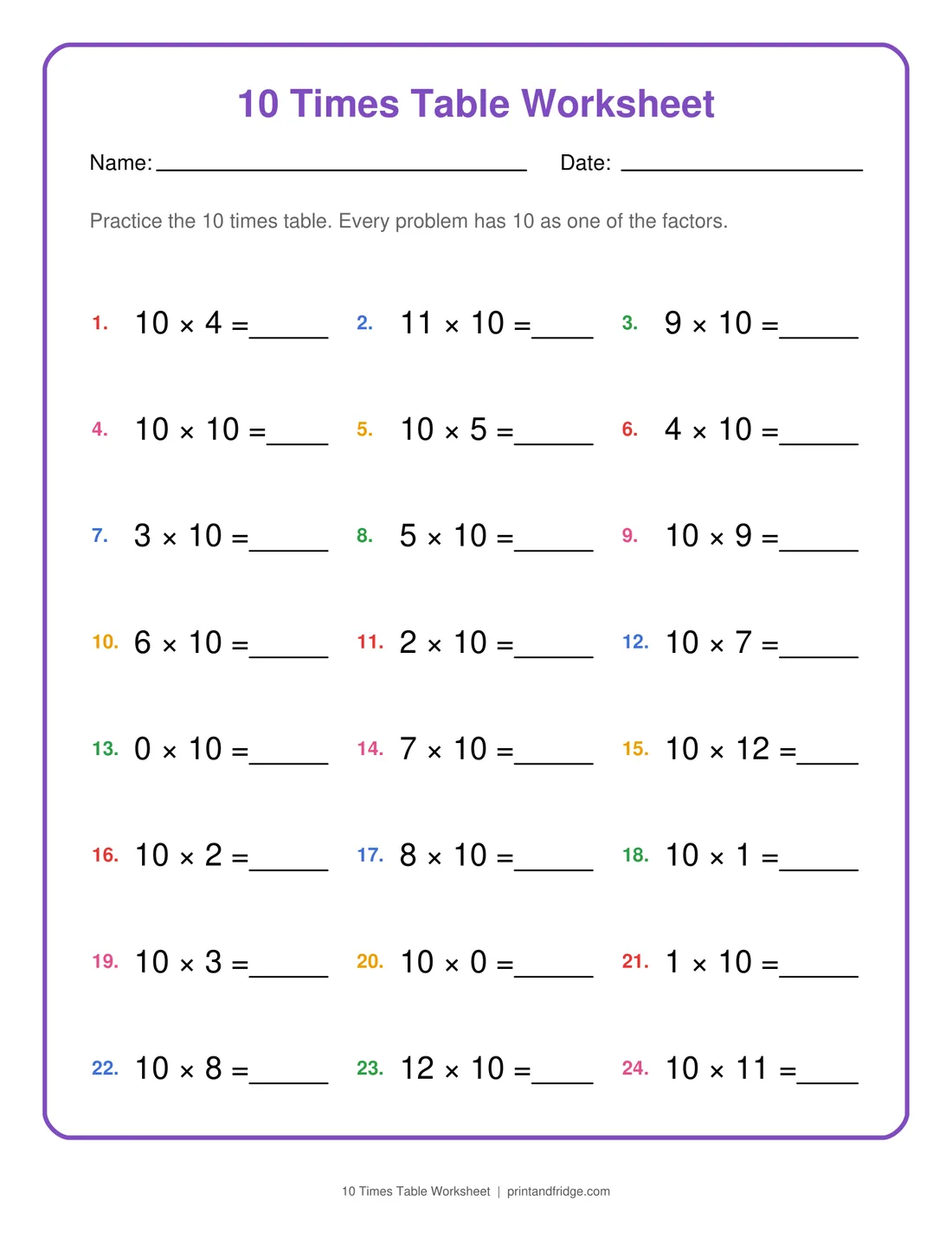 10 Times Table Worksheet printable worksheet
