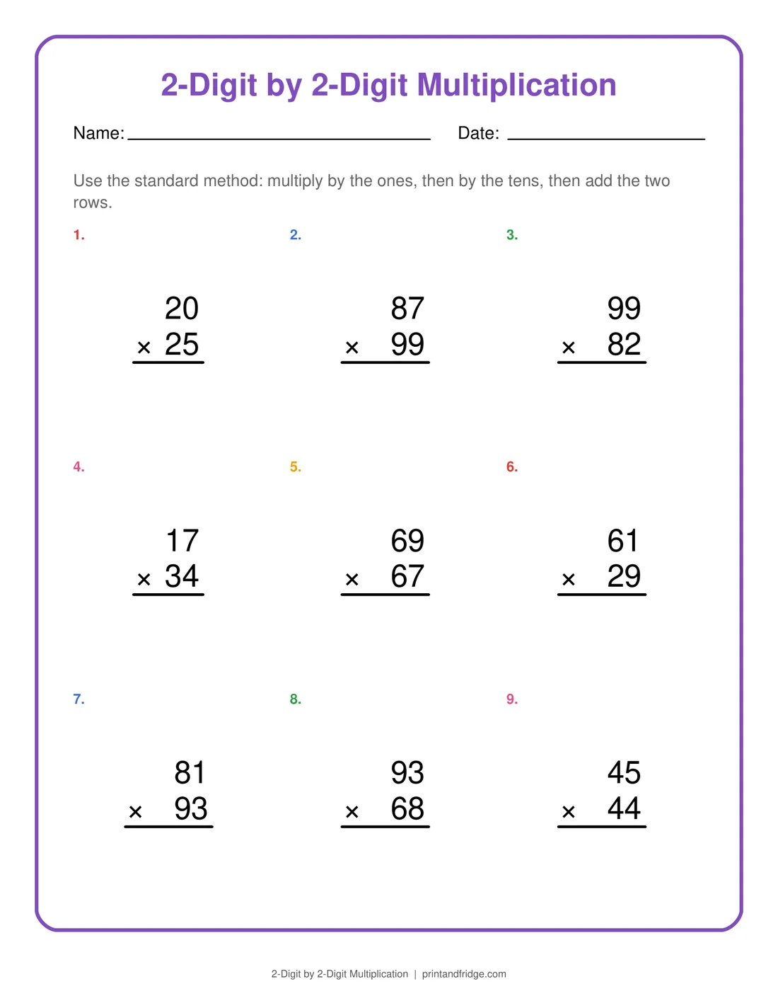 2-Digit by 2-Digit Multiplication printable worksheet