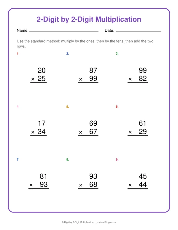 2-Digit by 2-Digit Multiplication printable worksheet