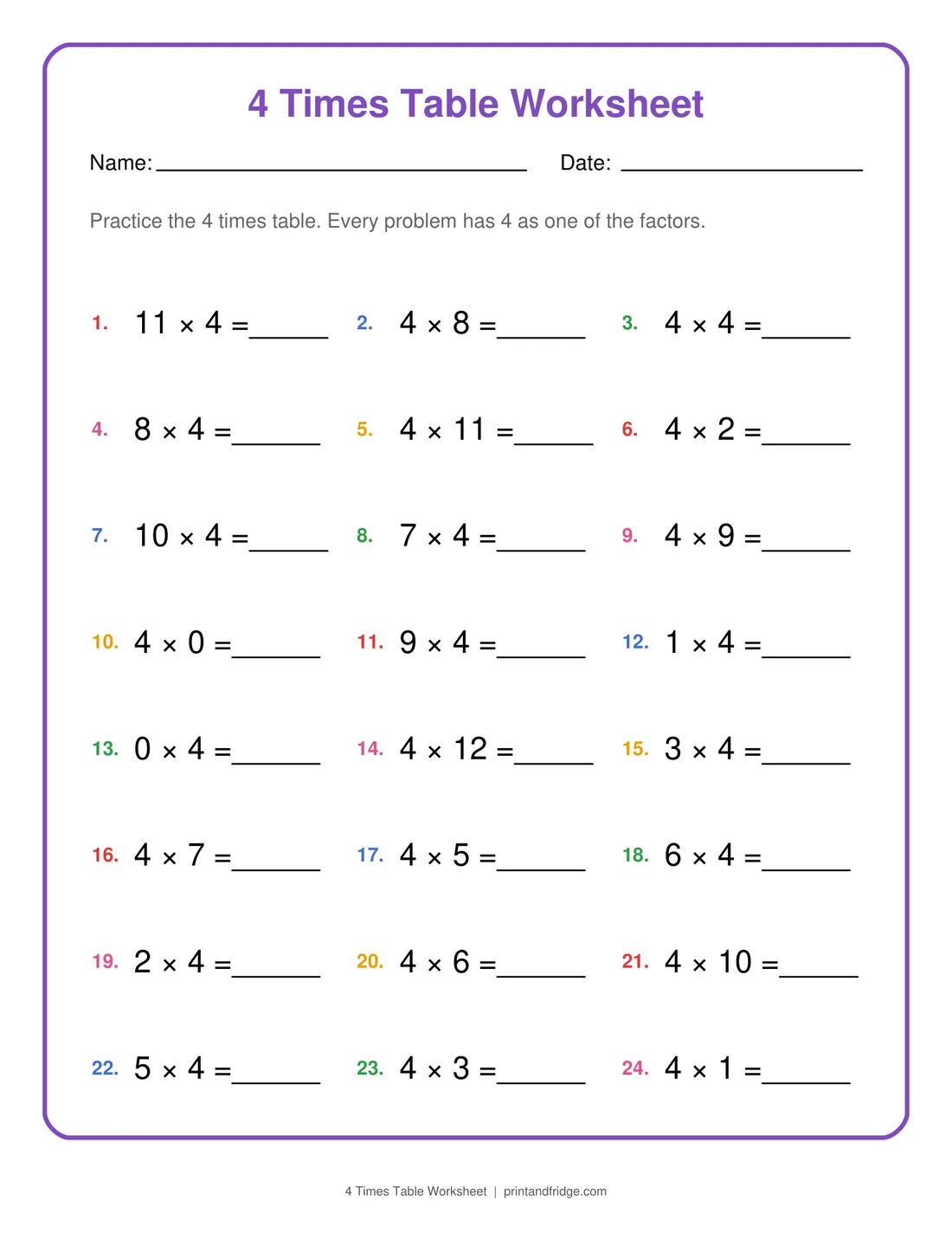 4 Times Table Worksheet printable worksheet