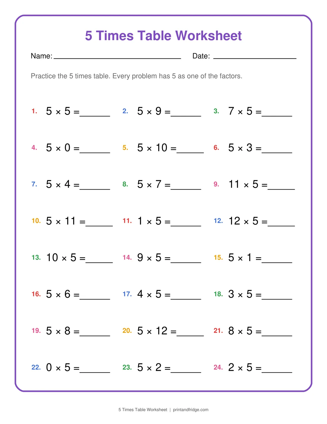 5 Times Table Worksheet printable worksheet