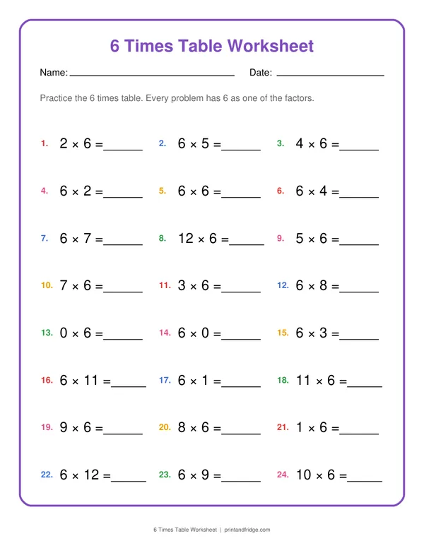 6 Times Table Worksheet printable worksheet