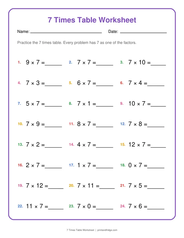 7 Times Table Worksheet printable worksheet