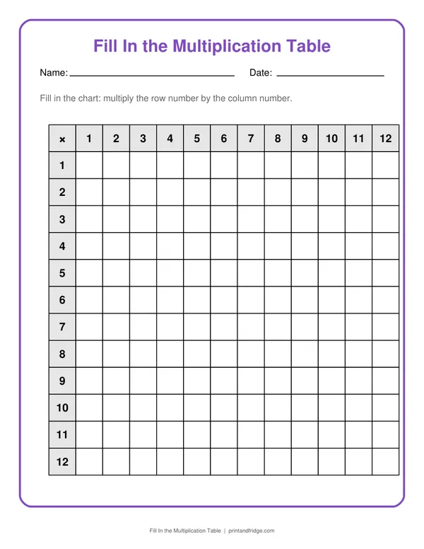 Fill In the Multiplication Table printable worksheet
