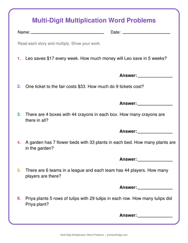 Multi-Digit Multiplication Word Problems printable worksheet