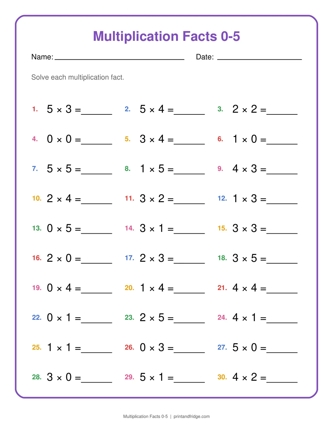 Multiplication Facts 0-5 printable worksheet