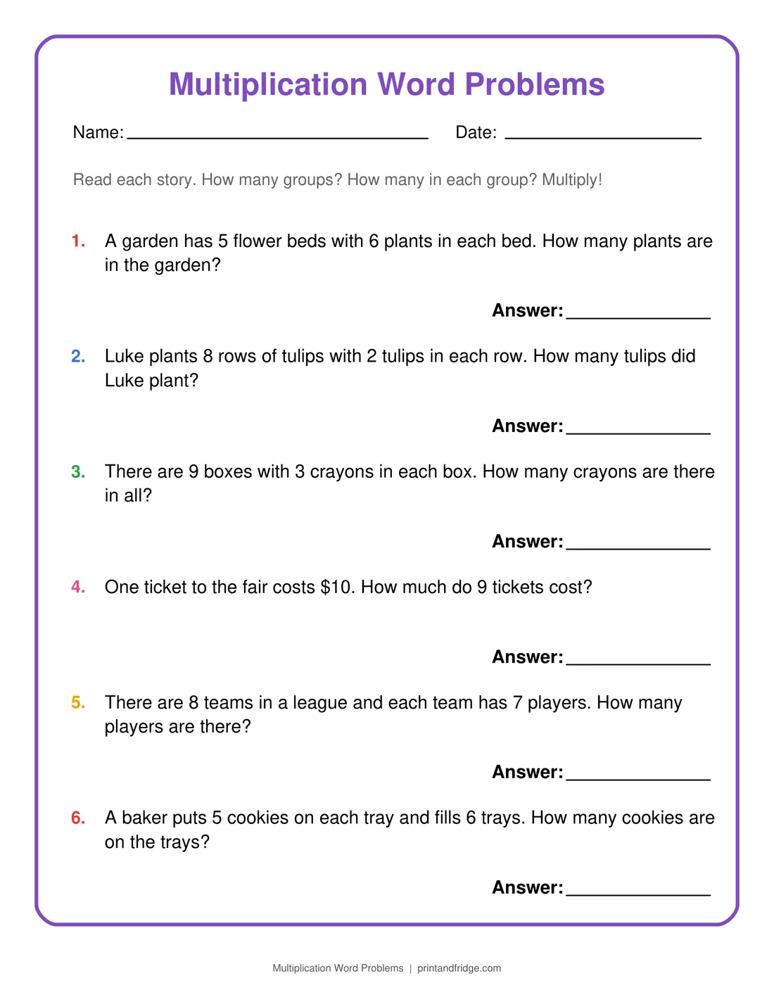 Multiplication Word Problems printable worksheet