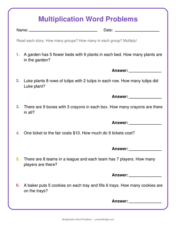 Multiplication Word Problems printable worksheet