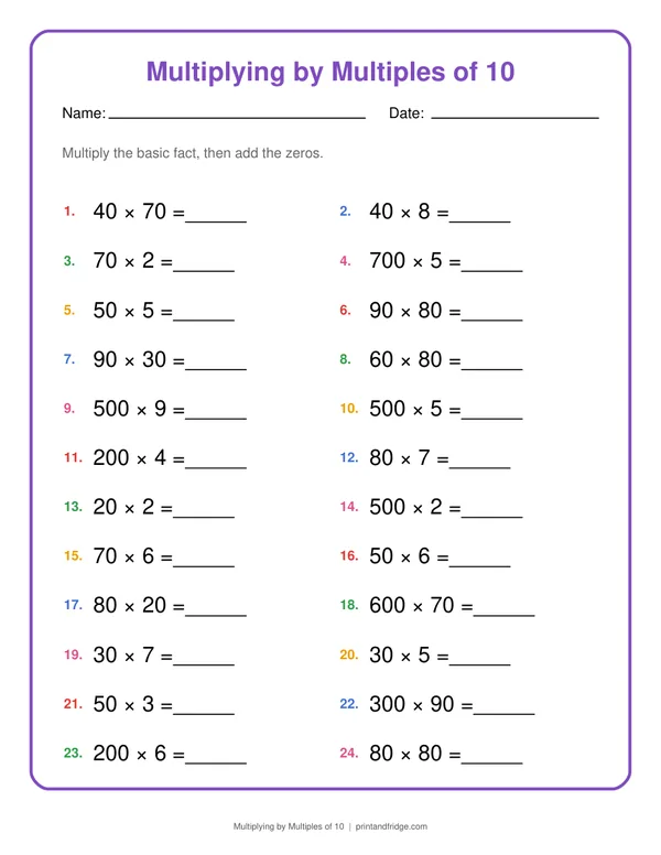 Multiplying by Multiples of 10 printable worksheet