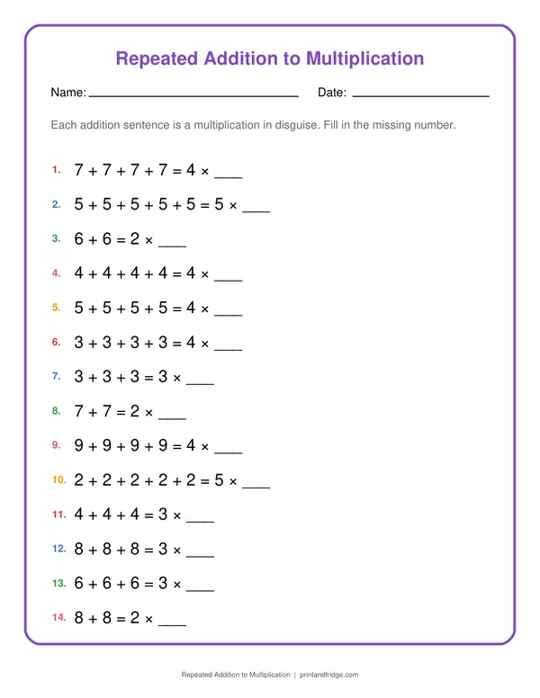 Repeated Addition to Multiplication printable worksheet