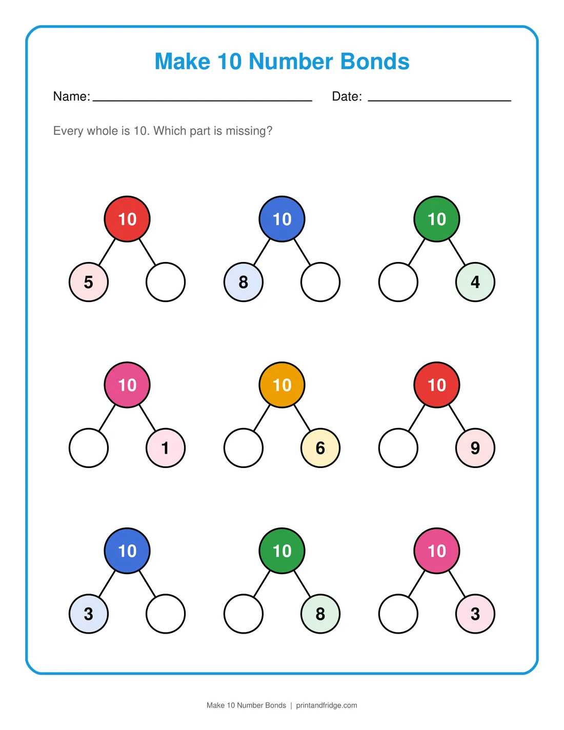 Make 10 Number Bonds printable worksheet