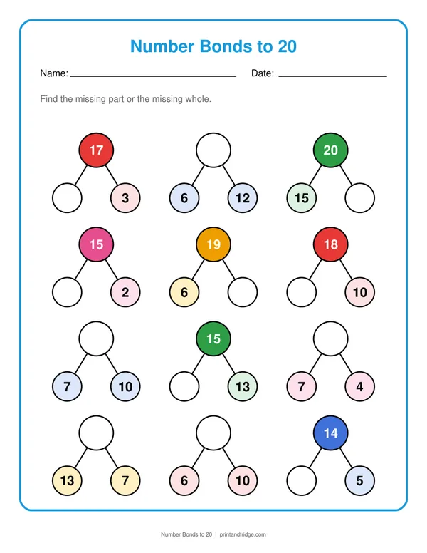 Number Bonds to 20 printable worksheet