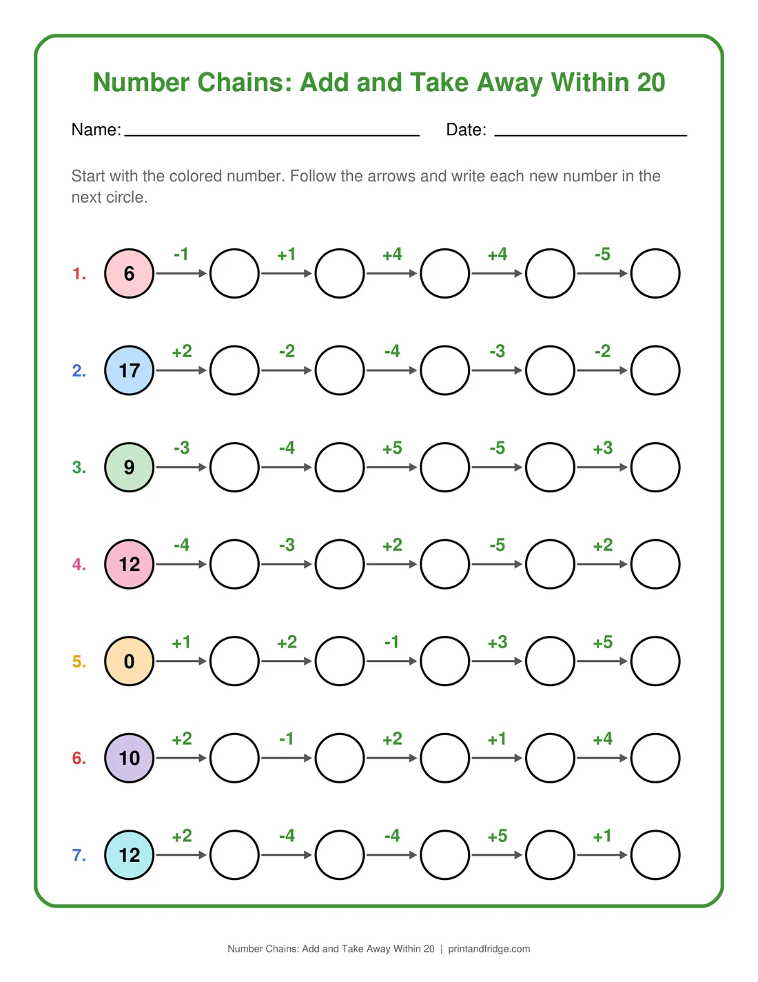 Number Chains: Add and Take Away Within 20 printable worksheet