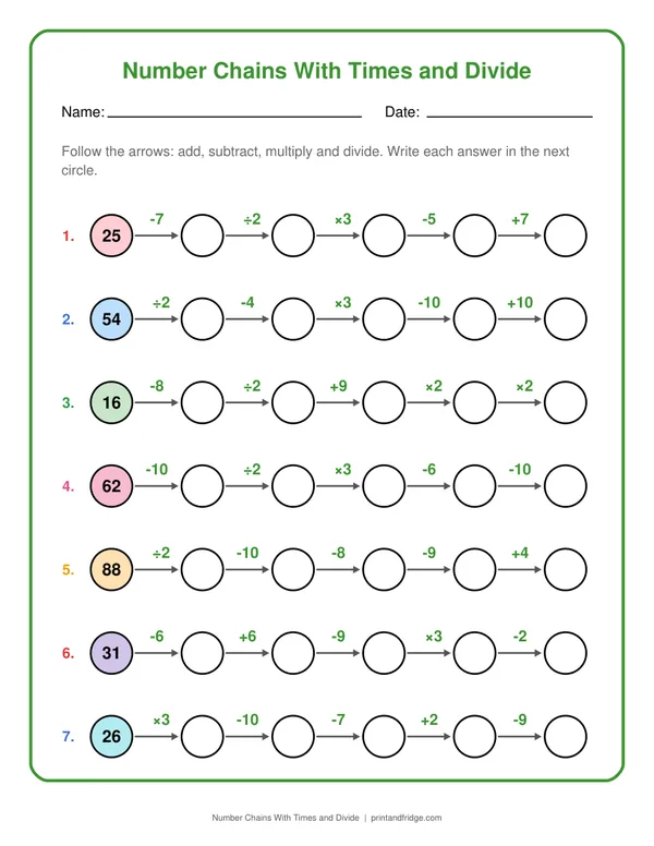 Number Chains With Times and Divide printable worksheet