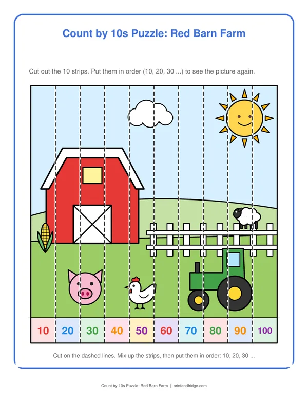 Count by 10s Puzzle: Red Barn Farm printable activity