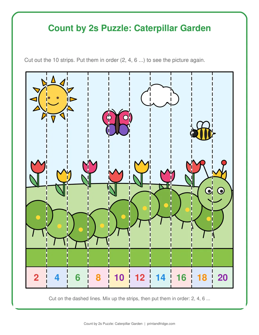 Count by 2s Puzzle: Caterpillar Garden printable activity