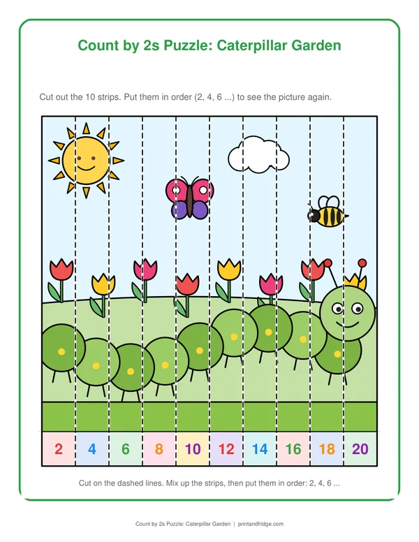 Count by 2s Puzzle: Caterpillar Garden printable activity