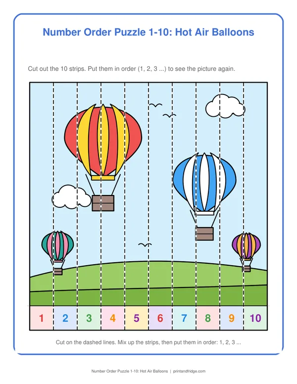 Number Order Puzzle 1-10: Hot Air Balloons printable activity
