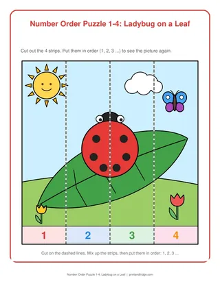 Number Order Puzzle 1-4: Ladybug on a Leaf