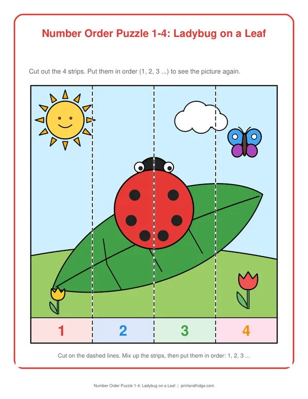 Number Order Puzzle 1-4: Ladybug on a Leaf printable activity