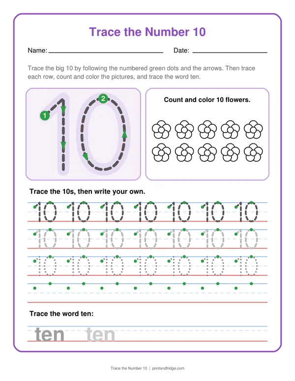 Trace the Number 10 printable worksheet