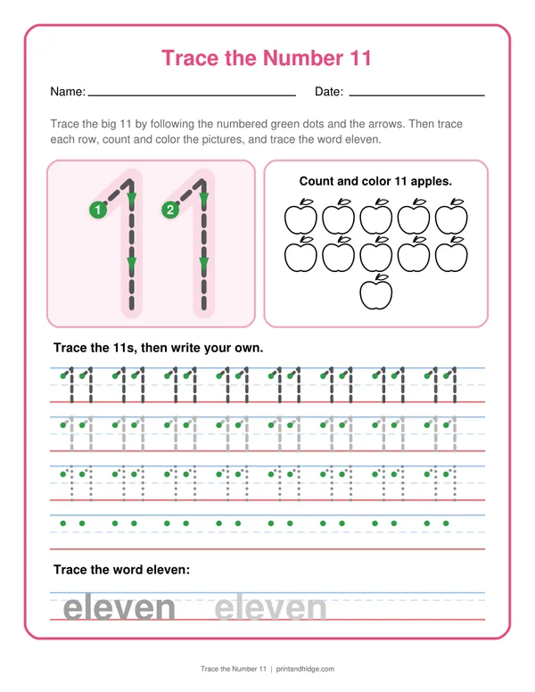 Trace the Number 11 printable worksheet