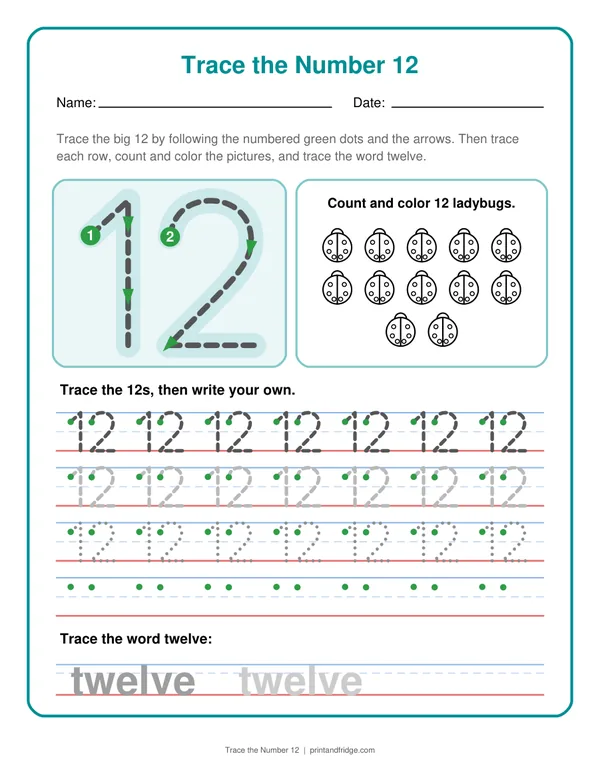 Trace the Number 12 printable worksheet