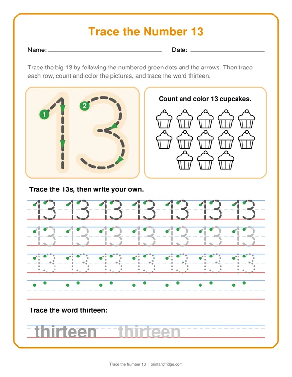 Trace the Number 13 printable worksheet