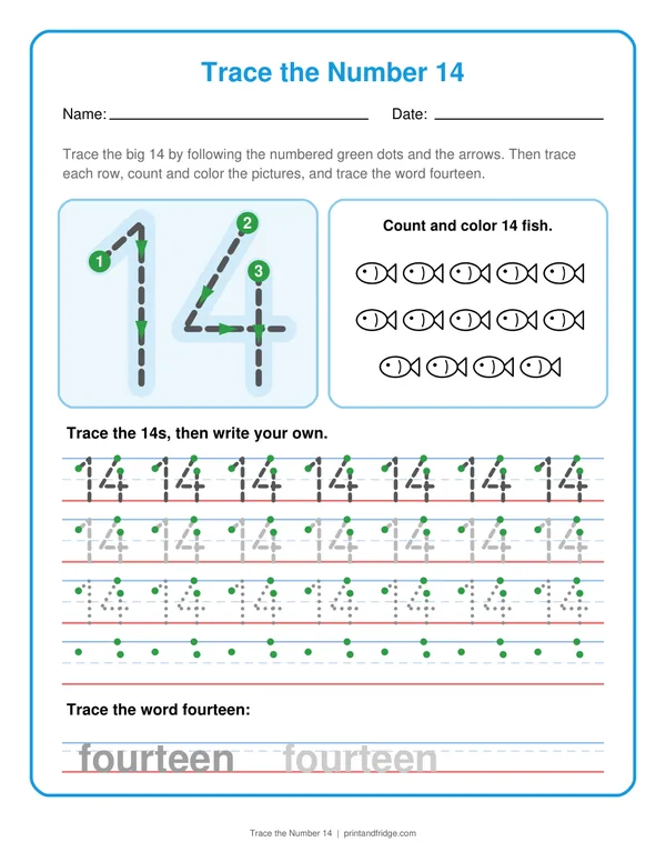 Trace the Number 14 printable worksheet