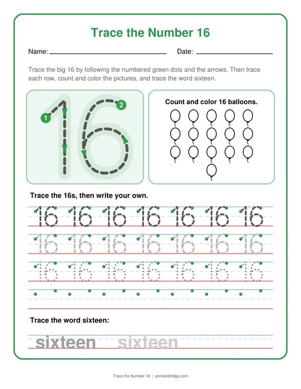 Trace the Number 16 printable worksheet