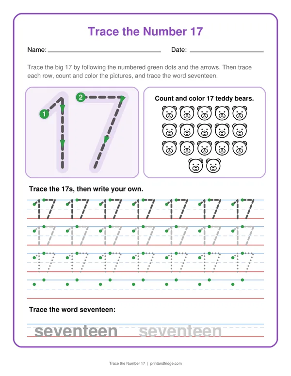 Trace the Number 17 printable worksheet