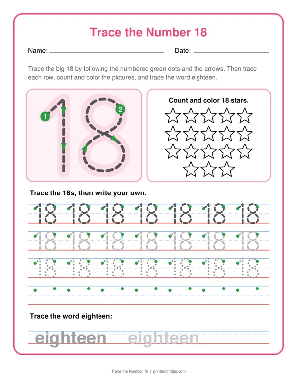 Trace the Number 18 printable worksheet