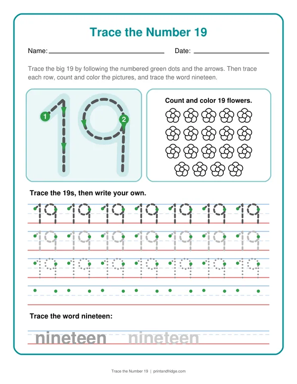 Trace the Number 19 printable worksheet