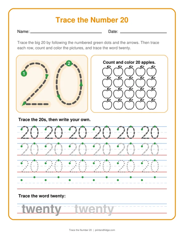 Trace the Number 20 printable worksheet